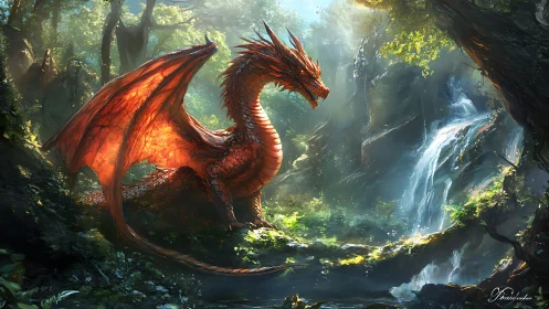 Red dragon resting in dense forest with cascading waterfall.