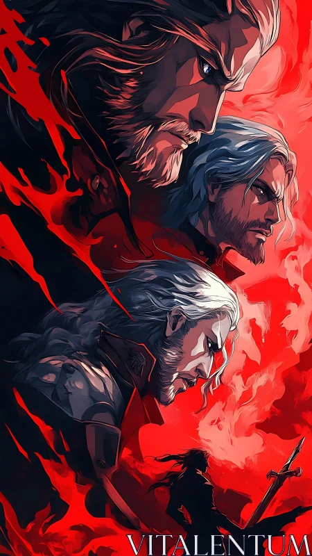 Brooding silver haired warrior framed in vivid scarlet fire.