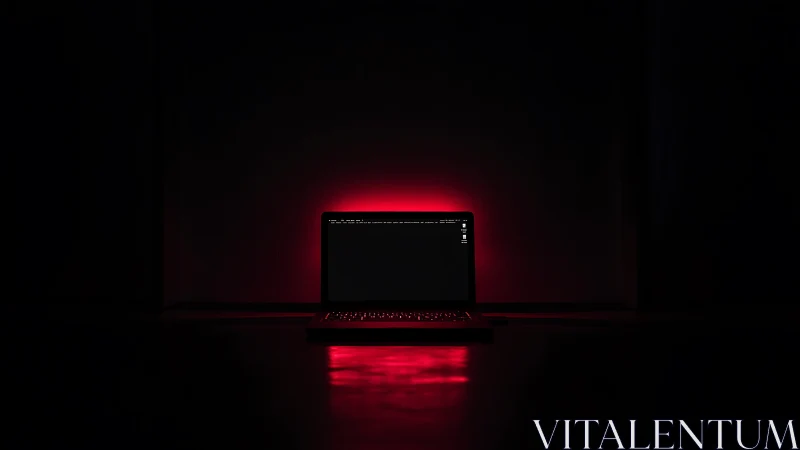 Midnight laptop glows like a low red moon in the void