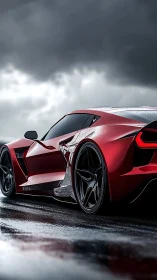 Crimson stormrunner crouches low on a rain-slick runway