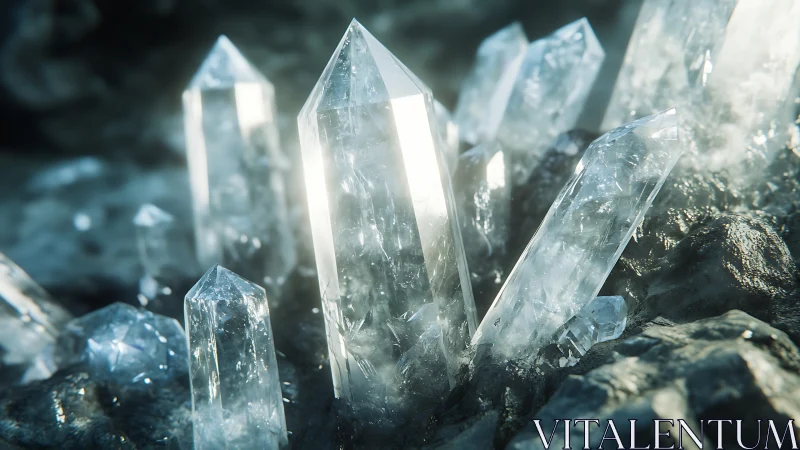 Shimmering crystal cluster rises gently from dark stone