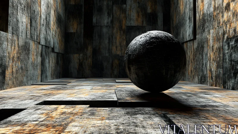 Textured metallic sphere in modular industrial chamber.