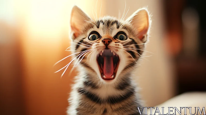 Photorealistic tabby kitten yawning with warm bokeh light.
