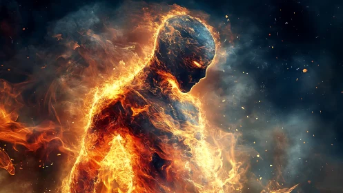 Fireborn silhouette glowing against a stormy twilight sky.