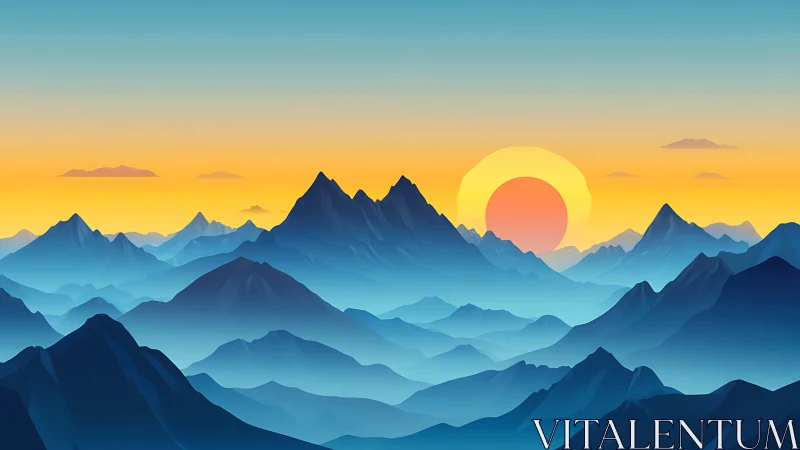 Sunrise over layered blue mountains under golden sky.