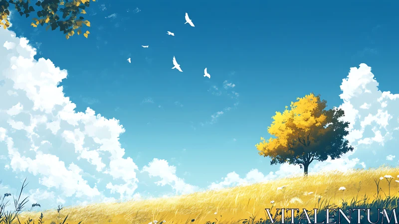 Lone golden tree on bright grassy hillside under blue sky.