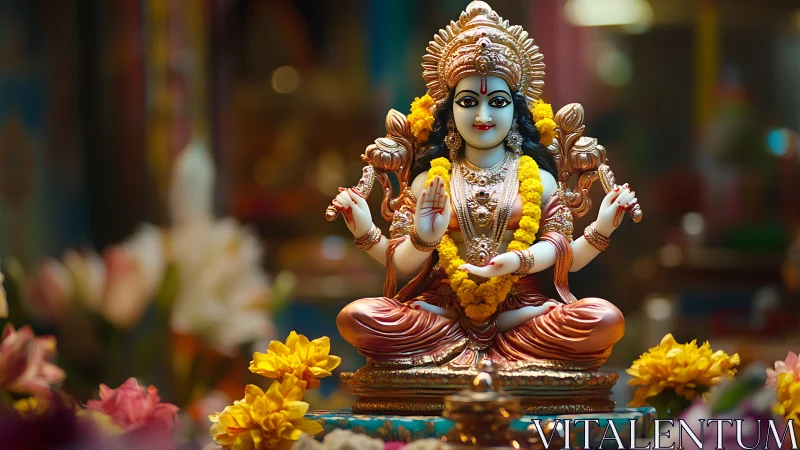 Radiant Hindu goddess idol amid garlands and temple glow.