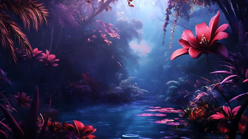 Enchanted jungle pond glowing with dreamy pink flowers.