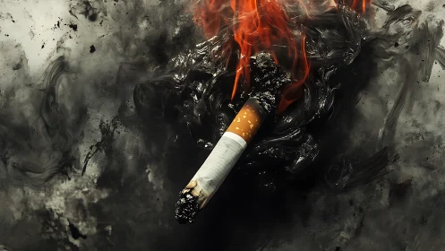Combusting cigarette butt amid viscous soot and turbulent flame.
