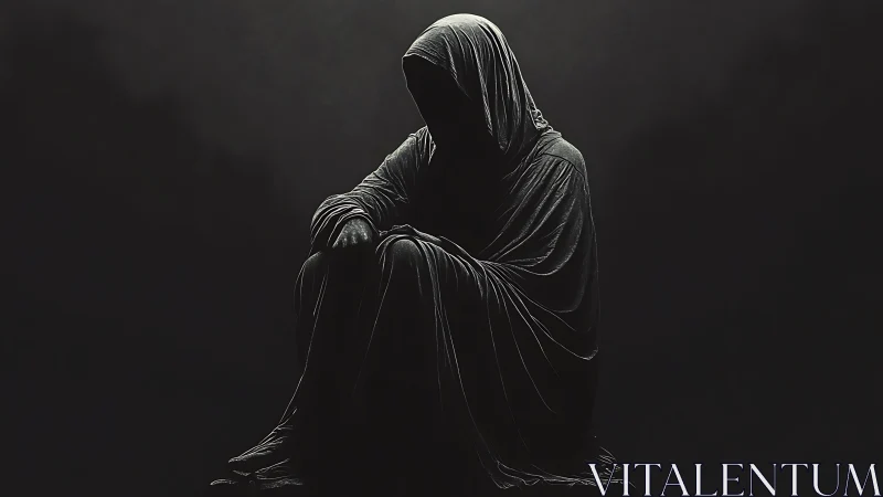 Hooded figure sits in darkness, wrapped in solemn mystery