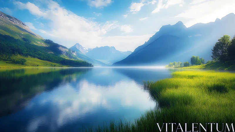 Majestic alpine lake with reflective water and sunlit meadows.