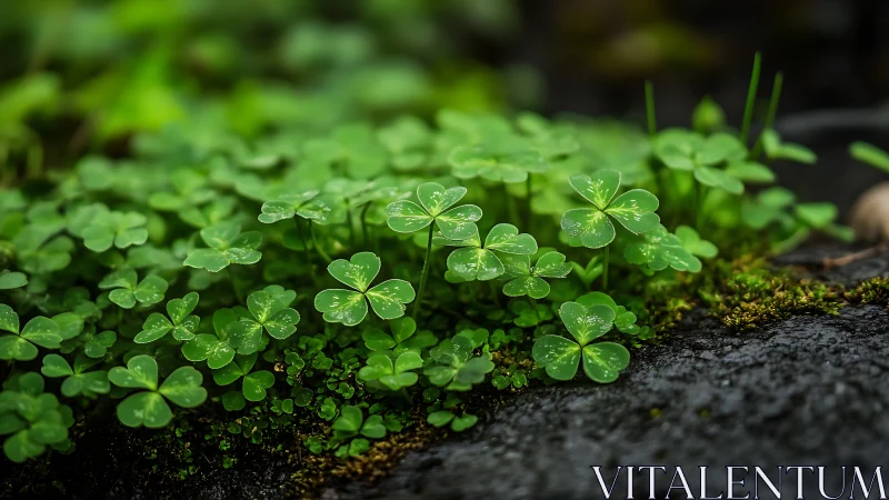 Close-up view of green clover leaves on moist forest rock.