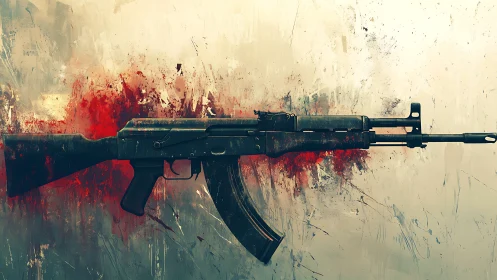 Rifle silhouette cuts across chaotic red abstract field.
