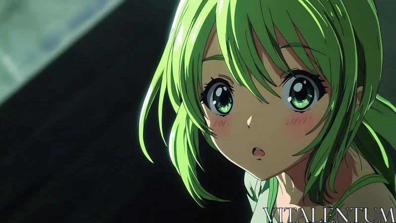 Green-haired anime girl in raking light, high-detail rendering.