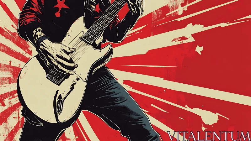 Electric guitarist explodes with energy on bold red stage