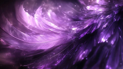 Iridescent violet feather cascade in luminous digital painting.