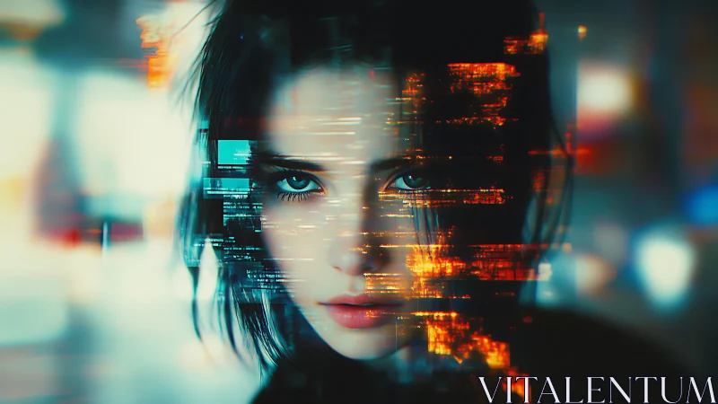 Cybernetic portrait merges human face with glitch data overlay