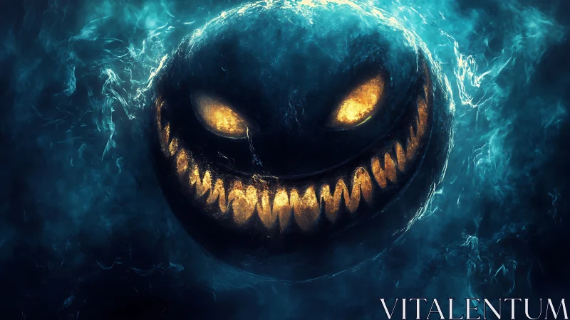 Glowing abyssal grin floats through stormy electric mist