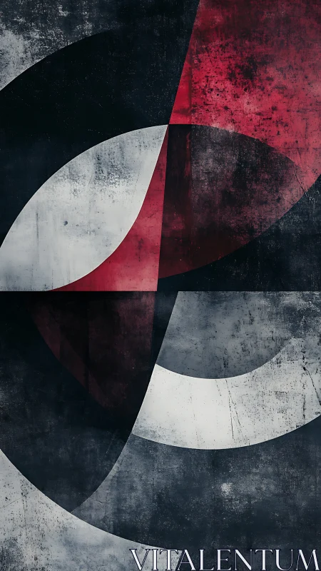 Geometric arcs in textured red, white, and charcoal field.