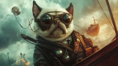 Steampunk pug captain in cinematic digital painting portrait.