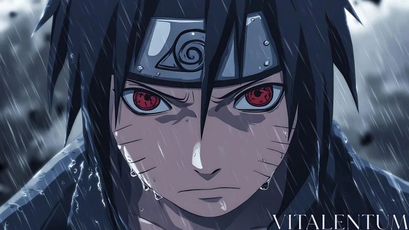 Intense red-eyed ninja in rain with dramatic close-up focus.