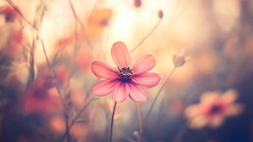 Pink Cosmos Flowers with Soft-Focus Bokeh Background.