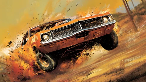 Off-road muscle car drift amid explosive desert dust spray