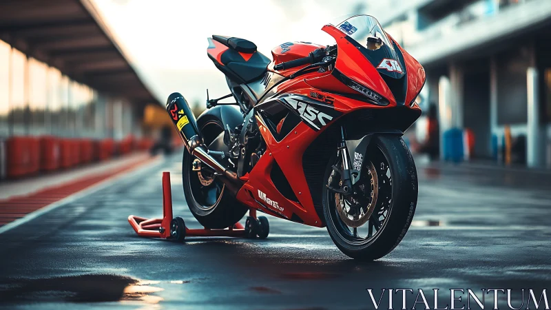Red superbike waits on wet pit lane before track session.