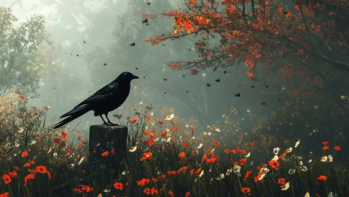 Black crow on stump amid foggy autumn wildflower grove.