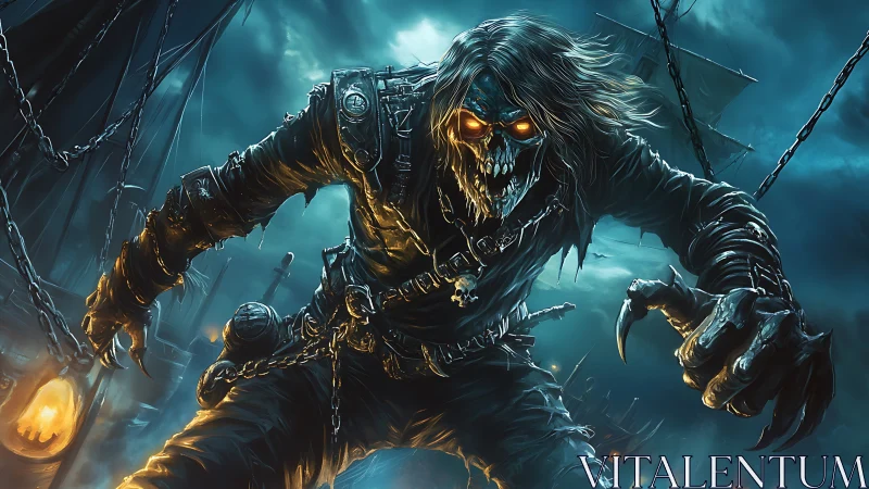 Ghostly pirate captain strides through stormlit haunted deck