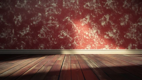 Sunlit red wall and warm wooden floor in a quiet room.