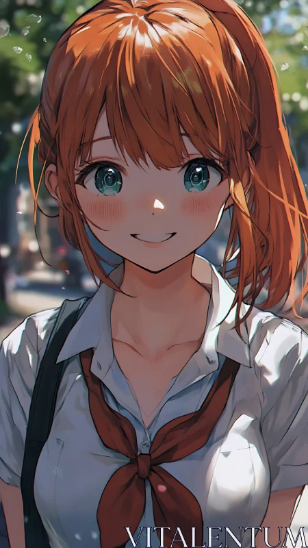 Sunlit schoolgirl smile on a breezy after-class walk.