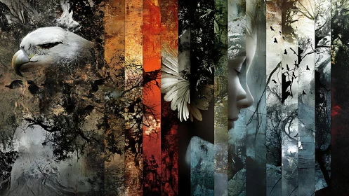 Surreal avian and human fusion across textured panels.