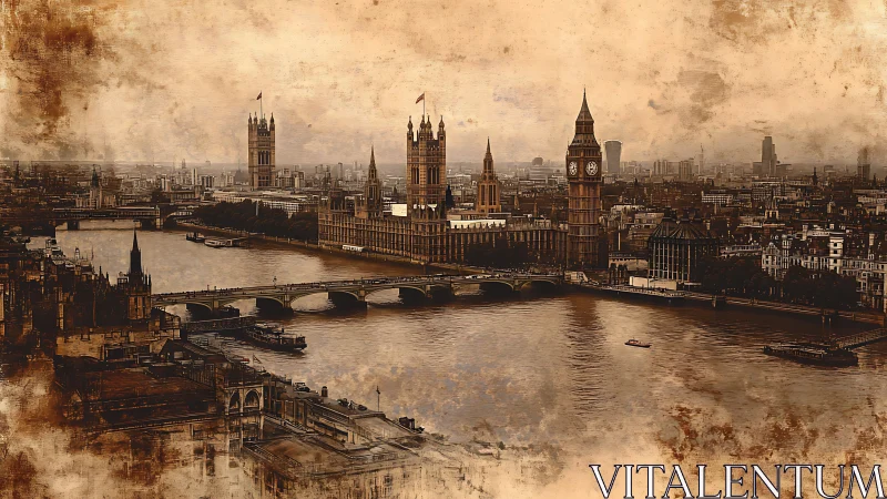Sepia panoramic study of Westminster Palace and River Thames