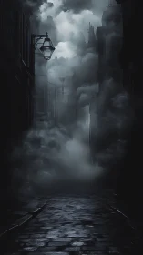 Noir alleyway shrouded in dense cinematic monochrome fog.