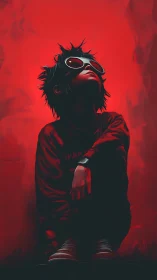 Defiant teen with visor goggles in crimson backlight.