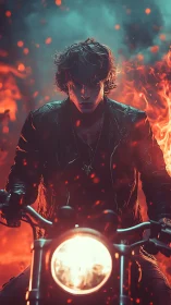 Motorcyclist in leather jacket framed by intense flames.