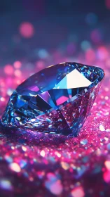 Blue cut gemstone on vivid pink glitter background.