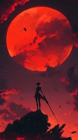 Warrior silhouette under massive red moon in sky.