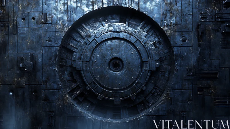 Ancient starship vault door humming with frozen secrets.