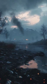 Mountain Fire and Misty Waters at Dusk.