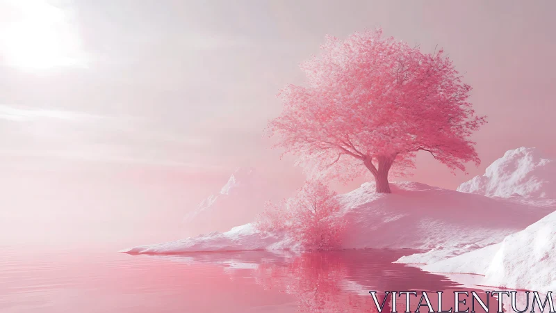 Gentle pink lakeside tree welcomes quiet dreamy moments