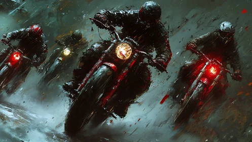 Stormlit riders carve fire through the rain-slashed night.
