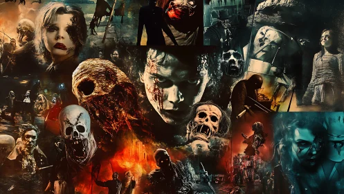 Collage of haunting horror figures emerges from blazing shadows