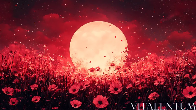 Crimson moon rises over luminous wildflower meadow at night.