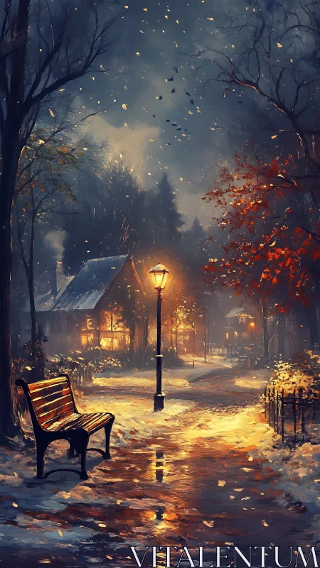 Snowy park path glows under warm lamplight and cottage
