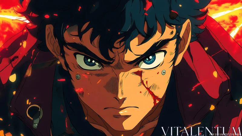 Close frontal anime portrait of injured male fighter figure.