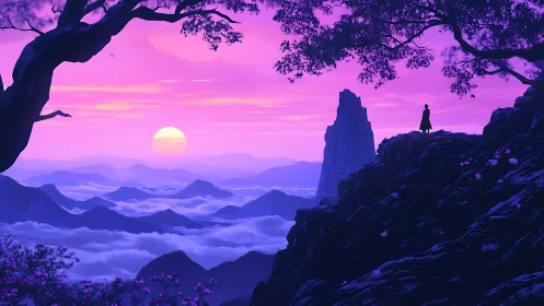 Twilight wanderer above violet cloud kingdoms at sunrise.