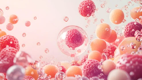 Colored spherical particles suspended in translucent liquid.