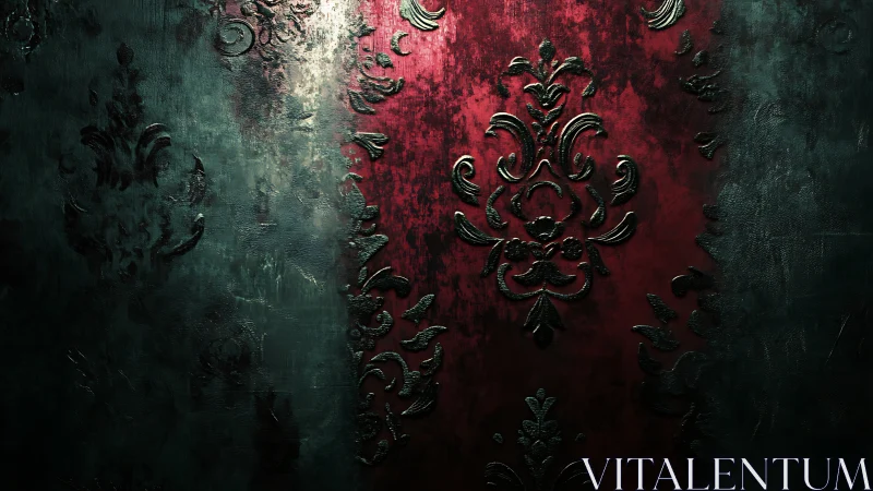 Ornate damask wall detail with central red textured panel.